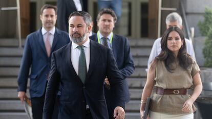 El líder de Vox, Santiago Abascal y la portavoz de la formación en el Congreso, Pepa Millán, a su llegada al Congreso de los Diputados, este jueves en Madrid.