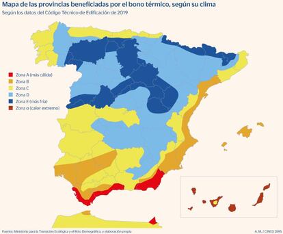 Mapa de las provincias beneficiadas por el bono térmico, según su clima