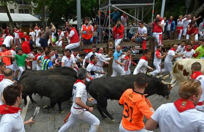 Participants run next to Jandilla fighting bulls on the seventh bullrun of the San Fermin festival in Pamplona.