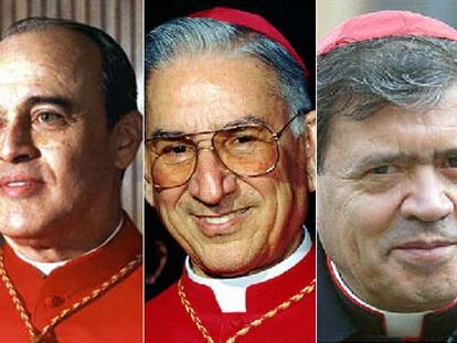 De izquierda a derecha, Óscar Rodríguez Maradiaga, Jorge Bergoglio y Claudio Hummes.