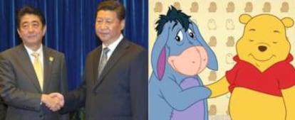 El primer ministro japonés Shinzo Abe y el presidente chino Xi Jinping, en 2014, y, a la derecha, Ígor y Winnie the Pooh.