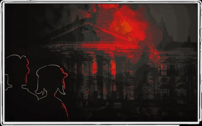 La recreación del incendio en el Reichstag de Berlín, en el videojuego 'Through the Darkest of Times'.