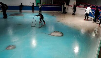 Patinadores en la pista de hielo con peces congelados que ha cerrado por las críticas recibidas.