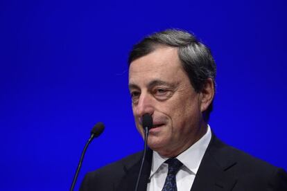 El presidente del BCE, Mario Draghi, durante su intervenci&oacute;n ante la federaci&oacute;n industrial alemana.