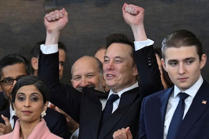 Tesla and SpaceX CEO Elon Musk cheers as US President Donald Trump speaks after being sworn in as the 47th President in the US Capitol Rotunda in Washington, DC, on January 20, 2025.     SAUL LOEB/Pool via REUTERS