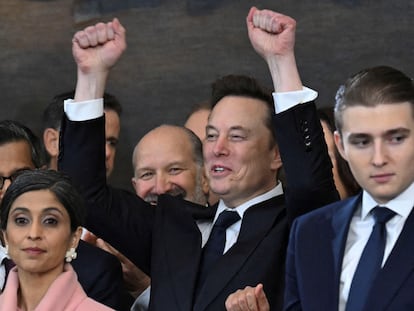 Tesla and SpaceX CEO Elon Musk cheers as US President Donald Trump speaks after being sworn in as the 47th President in the US Capitol Rotunda in Washington, DC, on January 20, 2025. SAUL LOEB/Pool via REUTERS