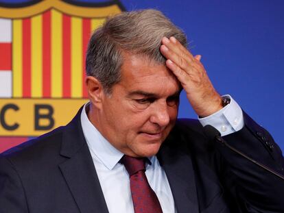 Joan Laporta, durante la rueda de prensa de este viernes.