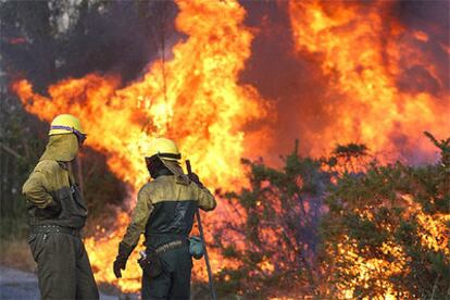 Miembros del equipo de extinción de incendios intentan sofocar, en un monte de la localidad coruñesa de Ames, las llamas del incendio declarado esta tarde.