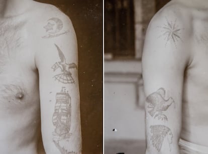 Algunos de los nueve tatuajes de Leonid G., un fontanero letón, que ocupan tres fichas del archivo del antiguo complejo carcelario de Carandirú. Los primeros se los hizo en un bar de Riga a los 14 años, los siguientes en un muelle de Montevideo (Uruguay) a los 17.