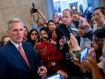 House Speaker Kevin McCarthy of California speaks to reporters outside his office on Capitol Hill in Washington, June 7, 2023.