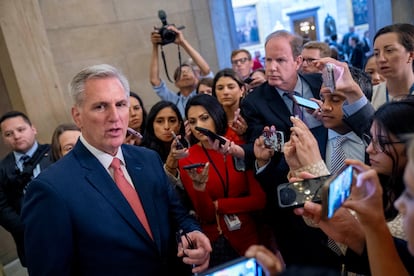 House Speaker Kevin McCarthy of California speaks to reporters outside his office on Capitol Hill in Washington, June 7, 2023.