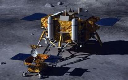 Ilustración de la misión Chang E3 en la Luna, con un módulo de descenso y un vehículo rodante.