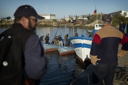 Varios pescadores en el puerto de Barbate antes de salir hacia la almadraba de Zahara de los Atunes.