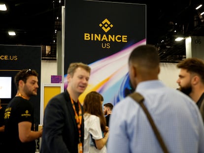 The logo of Binance U.S. is seen at a stand during the Bitcoin Conference 2022 in Miami Beach, Florida, on April 6, 2022.