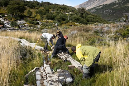 Trabajos de mantenimiento de sendas en el sendero Fitz Roy, kilómetro 7, por parte de la Brigada de Sendas (PNLG), en febrero de 2022.