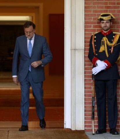 Mariano Rajoy durante la recepción a Ban ki Moon, Secretario General de la ONU, este miércoles en el Palacio de la Moncloa.