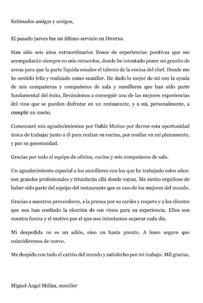 Carta de despedida de Miguel Ángel Millán, tras decidir abandonar DiverXO.