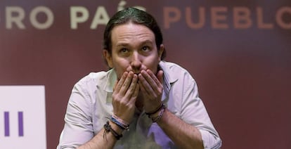 El secretario general de Podemos, Pablo Iglesias, en Vistalegre.