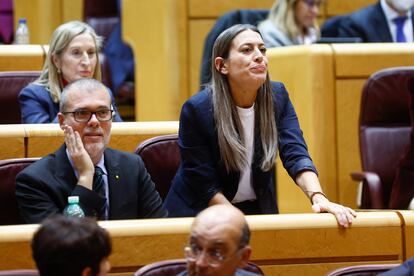 Los diputados de Junts per Catalunya Míriam Nogueras y Josep María Cruset, durante el pleno del Congreso, reunido excepcionalmente en el Senado.