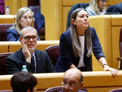 Los diputados de Junts per Catalunya Míriam Nogueras y Josep María Cruset, durante el pleno del Congreso, reunido excepcionalmente en el Senado.