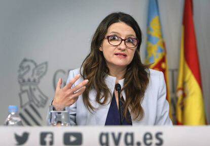 La vicepresidenta del Consell, M&oacute;nica Oltra, durante su intervenci&oacute;n esta ma&ntilde;ana.