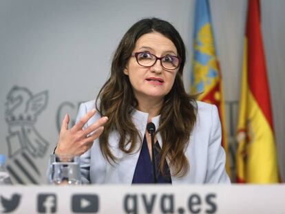 La vicepresidenta del Consell, M&oacute;nica Oltra, durante su intervenci&oacute;n esta ma&ntilde;ana.