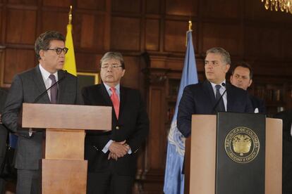 Gustavo Meza-Cuadra, presidente del Consejo de Seguridad de ONU; Carlos Holmes Trujillo, canciller colombiano y el presidente de Colombia, Iván Duque.