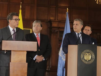 Gustavo Meza-Cuadra, presidente del Consejo de Seguridad de ONU; Carlos Holmes Trujillo, canciller colombiano y el presidente de Colombia, Iván Duque.