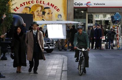 Rodaje de '¡Atraco!', dirigida por Eduard Cortés, en el centro de Valencia.