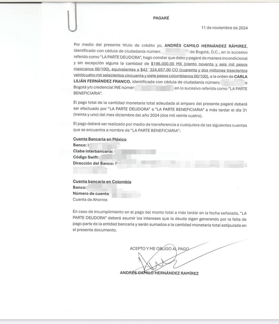 Pagaré del excónsul de Colombia en México, Andrés Hernández.