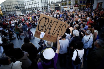 A gathering in Madrid’s Puerta del Sol to celebrate the fourth anniversary of 15-M.