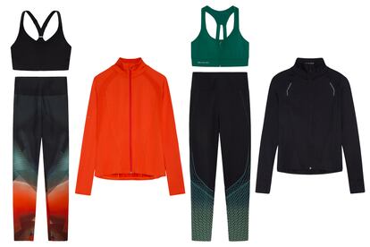 Sujetador deportivo laser cut-out (29,99 €), leggings compresivo transpirable (35,99 €), chaqueta técnica naranja outdoor running (29,99 €), sujetador deportivo verde cremallera (29,99 €), leggings compresivo moldeador líneas (35,99 €), chaqueta técnica negra outdoor running (29,99 €). Todo de Oysho_Sport.