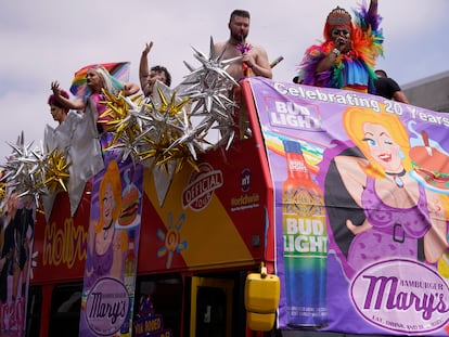 The Hamburger Mary's Bar & Grille parade entry shows a banner advertising Bud Light beer at the WeHo Pride Parade in West Hollywood, California, on Sunday, June 4, 2023.