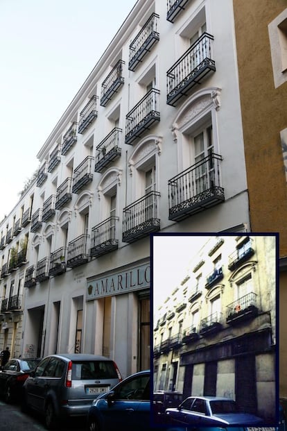 El nuevo edificio de la calle de San Marcos, 32 ha reproducido de una manera muy similar la fachada del antiguo inmueble, que fue derribado tras declararse su ruina inminente. Ahora ya no está protegido.