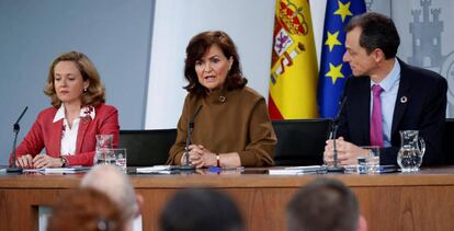 Las ministras de Econom&iacute;a, la vicepresidenta del Gobierno, y el misnitro de Ciencia este viernes tras la reuni&oacute;n del Consejo de Ministros.