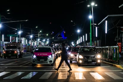 The brightly lit Ermita Iztapalapa street. 