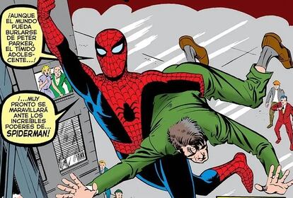 Detalle de la portada del número 1 de 'El asombroso Spiderman', de Stan Lee y Steve Ditko, que ahora recupera la colección Biblioteca Marvel, editada por Panini.