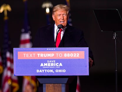 Former US President Donald Trump speaks during a rally at the Dayton International Airport, ahead of the 2022 midterm elections