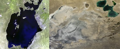 Casi 20 años después de que las primeras presas robaran agua a los ríos que lo alimentan, el Aral aún conservaba la mayoría de su agua. En la imagen, su estado en 1977, a la izquierda, junto a su situación en 2023.