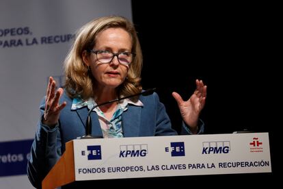 Nadia Calviño, durante su intervención este miércoles en el II Foro sobre Fondos Europeos en el Instituto Cervantes en Madrid.