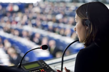 An interpreter at a plenary session of the European Parliament.