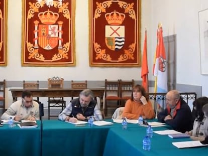 Isabel Melián (con pelo corto, segunda por la izquierda) y Ángel García (de blanco, el cuarto por la izquierda), durante el pleno del 10 de febrero.