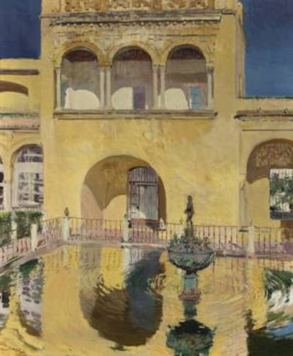 Reproducción cedida este miércoles 10 de abril de 2013, del cuadro "Palacio de Carlos V, Alcázar de Sevilla" del pintor español Joaquín Sorolla (1863-1923) que se subastará el 9 de mayo en Nueva York con un precio estimado de entre 300.000 y 500.000 dólares, en una venta organizada por la casa Sotheby's.