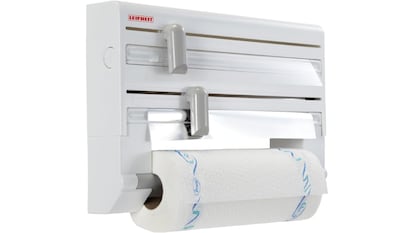 Este portarrollos dispensador de pared sirve para almacenar y utilizar tanto el papel de cocina como el de aluminio y el film transparente.