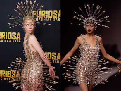 Left, Anya Taylor-Joy at the film's Australian premiere;  On the right, an image of Paco Rabanne's SS 1996 haute couture show in which she presented her dress.