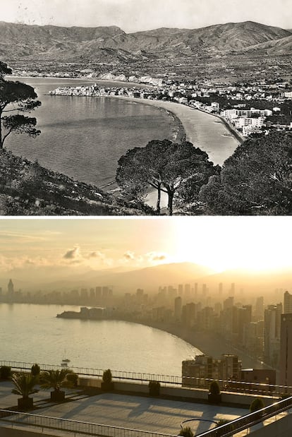 La costa de Benidorm (Alicante), en una imagen de 1965 (arriba) y en la  actualidad.