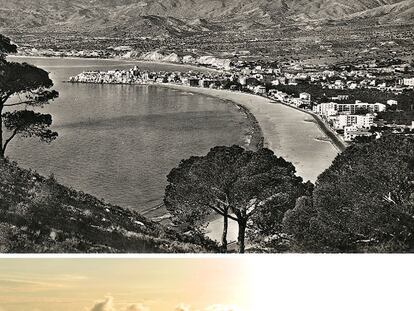 La costa de Benidorm (Alicante), en una imagen de 1965 (arriba) y en la actualidad.