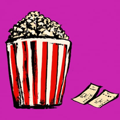 Illustration of popcorn box and movie tickets against pink background