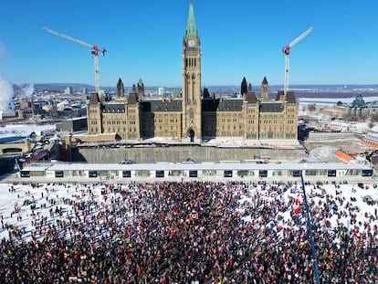 Un grupo de manifestantes a las puertas del Parlamento de Canadá, en Ottawa, este sábado 29 de enero.