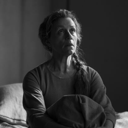 This image released by A24 shows Frances McDormand in a scene from "The Tragedy of Macbeth." (A24 via AP)